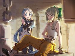 Rule 34 | 10s, 2girls, :d, alternate costume, bare arms, bare shoulders, black legwear, blue eyes, blue hair, blush, bow, brown eyes, chain, collarbone, commentary request, dirty, dirty clothes, elbow gloves, eyebrows, gloves, green hair, grin, hair bow, holding, kantai collection, kneeling, long hair, multiple girls, open mouth, ponytail, round teeth, samidare (kancolle), school uniform, serafuku, shirt, sitting, sleeveless, sleeveless shirt, smile, tank top, teeth, thighhighs, towel, towel around neck, tsuta no ha, very long hair, wrench, yuubari (kancolle)