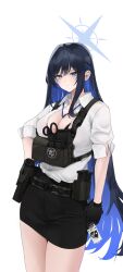 Rule 34 | 1girl, ammunition pouch, belt pouch, black bra, black gloves, black hair, black skirt, blue archive, blue eyes, bra, breasts, collarbone, collared shirt, colored inner hair, commentary request, fte (fifteen 199), gloves, gun, halo, handgun, highres, holster, id card, lanyard, large breasts, long hair, long sleeves, looking at viewer, magazine (weapon), military, multicolored hair, pencil skirt, pouch, saori (blue archive), shirt, shoulder strap, sidelocks, simple background, skirt, solo, two-tone hair, underwear, weapon, white background, white shirt