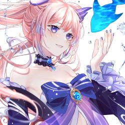 Rule 34 | 1girl, bare shoulders, blue eyes, blunt bangs, bow, bowtie, breasts, cleavage, detached collar, fish, frilled sleeves, frills, genshin impact, hair ornament, highres, nail polish, off shoulder, pink hair, sangonomiya kokomi, shorts, simple background, smile, sunmil, upper body, vision (genshin impact), water, water drop, white background