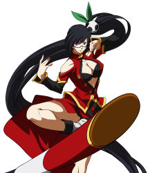 Rule 34 | 1girl, absurdres, arc system works, black hair, blazblue, blazblue: calamity trigger, breasts, china dress, chinese clothes, cleavage, cleavage cutout, clothing cutout, dress, fighting stance, glasses, hair ornament, highres, lao jiu, large breasts, litchi faye ling, long hair, official art, panda, ponytail, purple eyes, solo, very long hair