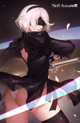 Rule 34 | 1girl, ass, back cutout, black blindfold, black dress, black hairband, blindfold, breasts, clothing cutout, commentary request, covered eyes, dress, feather-trimmed sleeves, gloves, hairband, highleg, highleg leotard, highres, juliet sleeves, leotard, long sleeves, medium breasts, nier (series), nier:automata, pink lips, puffy sleeves, renyu1012, sword, thighhighs, thighs, upskirt, vambraces, weapon, white hair, white leotard, 2b (nier:automata)