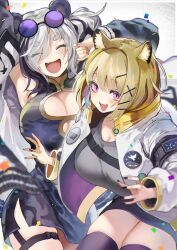 Rule 34 | 2girls, animal ear fluff, animal ears, arknights, armpits, bear ears, blonde hair, blue eyes, breasts, china dress, chinese clothes, cleavage cutout, closed eyes, clothing cutout, cockadooodledoo, dress, eyewear on head, fang, feater (arknights), grey shirt, hair ornament, hair over one eye, hairclip, hand up, highres, jacket, large breasts, multicolored hair, multiple girls, nail polish, open clothes, open jacket, panda ears, panda girl, purple-tinted eyewear, round eyewear, shirt, short hair, skin fang, smile, streaked hair, sunglasses, tinted eyewear, utage (arknights), white hair