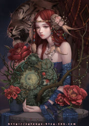Rule 34 | 1girl, bare shoulders, beads, brown eyes, cglange, clock, crack, feather hair ornament, feathers, flower, hair beads, feather hair ornament, hair ornament, headband, jewelry, long hair, nail polish, necklace, original, plant, potted plant, red hair, table, tiger, watermark, web address, yellow nails