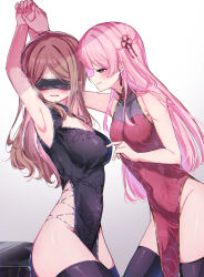 2girls absurdres arms_up bang_dream! bang_dream!_it&#039;s_mygo!!!!! black_dress black_thighhighs blindfold blush breasts brown_hair chihaya_anon china_dress chinese_clothes cleavage commentary dress flower_knot hair_ribbon highres large_breasts long_hair medium_breasts meu203 multiple_girls nagasaki_soyo open_mouth parted_bangs pink_hair poking_nipple red_dress red_ribbon ribbon shade sidelocks sleeveless sleeveless_dress thighhighs yuri