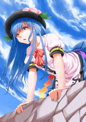 Rule 34 | 1girl, bent over, blue hair, blue skirt, blue sky, breasts, cloud, day, eyelashes, from below, hat, highres, hinanawi tenshi, kazu (rakugakino-to), lips, long hair, looking afar, looking down, nose, orange eyes, parted lips, rainbow order, ribbon, shaded face, shirt, short sleeves, sidelocks, skirt, sky, small breasts, solo, stone wall, touhou, wall, white shirt, wind