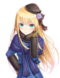 Rule 34 | 1girl, beret, blonde hair, blue dress, blush, brown gloves, brown hat, brown ribbon, closed mouth, commentary request, dress, fate (series), flower, fur-trimmed sleeves, fur collar, fur trim, gloves, green eyes, hair between eyes, hair flower, hair ornament, hair ribbon, hat, highres, long hair, long sleeves, looking at viewer, lord el-melloi ii case files, purple ribbon, reines el-melloi archisorte, ribbon, seungju lee, simple background, solo, tilted headwear, very long hair, white background