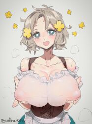 Rule 34 | 1girl, absurdres, bare shoulders, blue eyes, breast hold, breasts, dress, frilled dress, frills, grey hair, happy, highres, huge breasts, inverted nipples, nipples, noah (tettsui-sole), open mouth, original, puffy nipples, see-through, short hair, smile, solo, unusual pupils, white hair