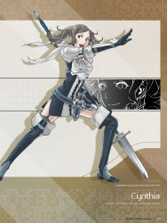 Rule 34 | 1girl, absurdres, armor, belt, boots, breastplate, character name, cynthia (fire emblem), dress, fire emblem, fire emblem awakening, frilled dress, frills, full body, garter straps, grey hair, highres, kozaki yuusuke, long hair, nintendo, official art, open mouth, page number, short dress, shoulder armor, simple background, smile, solo, thigh boots, thighhighs, twintails, zettai ryouiki