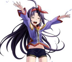 Rule 34 | 1girl, ahoge, arms up, black shorts, closed eyes, cowboy shot, floating hair, hair ribbon, long hair, midriff, navel, open mouth, pointy ears, purple hair, red ribbon, ribbon, shiny skin, short shorts, shorts, smile, solo, standing, stomach, sword art online, transparent background, very long hair, water, wet, wet clothes, yuuki (sao)