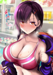 Rule 34 | 1girl, alternate breast size, blurry, blurry background, blush, breasts, breath, check commentary, cleavage, collarbone, commentary, commentary request, day, embarrassed, hair ornament, hairclip, jacket, jacket partially removed, large breasts, long sleeves, looking at viewer, mikazuki shizuka, open clothes, open jacket, orange eyes, outdoors, pony r, purple hair, short hair, single sidelock, sports bra, sweat, translation request, upper body, very sweaty, zom 100: zombie ni naru made ni shitai 100 no koto