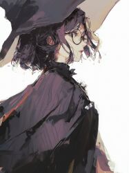 Rule 34 | 1girl, 96yottea, absurdres, black-framed eyewear, black hair, black hat, cloak, closed mouth, eyelashes, from side, glasses, hat, highres, looking at viewer, multicolored hair, original, parted bangs, parted lips, profile, purple cloak, purple hair, round eyewear, short hair, sideways glance, simple background, sketch, solo, streaked hair, upper body, white background, witch, witch hat