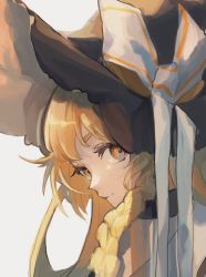 Rule 34 | 1girl, black hat, blonde hair, braid, commentary, from side, hat, hat ribbon, kirisame marisa, looking at viewer, mink 08, orange hair, ribbon, sideways glance, smile, solo, touhou, white ribbon, witch hat