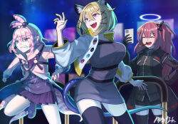 Rule 34 | 3girls, ambriel (arknights), animal ears, arknights, artist name, black jacket, black thighhighs, blonde hair, blurry, blurry background, breasts, cowboy shot, cropped jacket, halo, highres, holding, holding phone, jacket, kirara (arknights), large breasts, memetaroh, multiple girls, open mouth, phone, pink hair, pink jacket, pleated skirt, purple eyes, skirt, small breasts, smile, tail, teeth, thighhighs, utage (arknights), white jacket