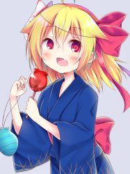 Rule 34 | 1girl, :d, ahoge, blonde hair, blue kimono, blush, bow, candy apple, commentary request, esureki, fang, food, grey background, hair between eyes, hair bow, hands up, highres, holding, holding food, japanese clothes, kimono, long hair, long sleeves, looking at viewer, mask, mask on head, open mouth, print kimono, red bow, red eyes, rumia, simple background, smile, solo, touhou, water yoyo, wide sleeves