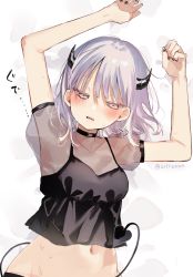 Rule 34 | 1girl, arms up, bed sheet, black nails, black shirt, breasts, collarbone, commentary request, covered collarbone, demon girl, demon horns, demon tail, grey eyes, grey hair, half-closed eyes, highres, horns, lying, medium breasts, nail polish, navel, on back, original, puffy short sleeves, puffy sleeves, see-through, see-through sleeves, shirt, short sleeves, sofra, solo, sweat, tail, translation request, twitter username