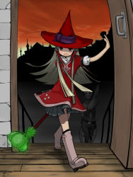 Rule 34 | 1girl, bad id, bad pixiv id, blonde hair, boots, door, hat, long hair, original, penpen (penpen1942), solo, staff, witch, witch hat