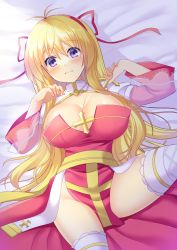 Rule 34 | 1girl, arch bishop (ragnarok online), blonde hair, blush, breasts, cleavage, closed mouth, commentary request, cross, feet out of frame, fishnet thighhighs, fishnets, hair between eyes, hairband, highres, jacket, juliet sleeves, large breasts, long hair, long sleeves, looking at viewer, lying, masaya ichika, no panties, on back, on bed, puffy sleeves, purple eyes, ragnarok masters, ragnarok online, red hairband, sash, shiny skin, shrug (clothing), solo, thighhighs, white jacket, white thighhighs, yellow sash