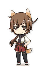 Rule 34 | 1girl, animal ears, ashiga oreta, blush, breasts, brown eyes, brown hair, chibi, goggles, gun, hand on own hip, hip focus, japanese clothes, katou keiko, medium breasts, senzure, short hair, smile, solo, strike witches, tail, thighhighs, weapon, witches of africa, world witches series
