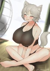 Rule 34 | 1girl, :d, absurdres, animal ears, artist name, bare shoulders, barefoot, black panties, breasts, cleavage, closed eyes, electric fan, full body, highres, indoors, inubashiri momiji, large breasts, on floor, open mouth, panties, short hair, sitting, smile, solo, tail, take (take143000), toes, touhou, underwear, wolf ears, wolf girl, wolf tail, wooden floor