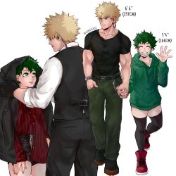 Rule 34 | 1boy, 1girl, bakugou katsuki, black gloves, black pants, black shirt, black shorts, black vest, blonde hair, boku no hero academia, collarbone, earphones, earrings, freckles, gloves, green eyes, green hair, green hoodie, green pants, grey background, grin, height difference, highres, holding hands, hood, hoodie, jacket, jewelry, long sleeves, looking at another, mask, midoriya izuku, mouth mask, multiple views, muscular, muscular male, nail polish, open clothes, open jacket, pants, red footwear, red nails, red shirt, rin (rinriemie), shirt, shirt partially tucked in, shirt tucked in, shoes, shorts, skindentation, smile, striped clothes, striped shirt, teeth, thighhighs, twitter username, vest, white shirt