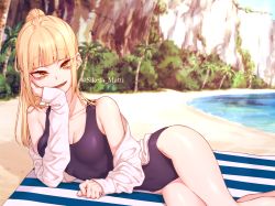 Rule 34 | 10s, 1girl, bad id, bad pixiv id, beach, blonde hair, blunt bangs, boku no hero academia, breasts, cleavage, day, double bun, fangs, female focus, hair bun, long hair, looking at viewer, messy hair, mizuki mau, one-piece swimsuit, open mouth, solo, swimsuit, toga himiko, water, yellow eyes