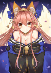 Rule 34 | 10s, 1girl, animal ears, bare shoulders, belly, blue background, blue kimono, blue ribbon, blush, breasts, cleavage, closed mouth, collarbone, drsn, fate/extella, fate/extra, fate (series), fox ears, fox girl, fox tail, hair between eyes, hair ornament, hair ribbon, hands in opposite sleeves, highres, japanese clothes, kanzashi, kimono, light particles, looking at viewer, medium breasts, multiple tails, off shoulder, official alternate costume, petals, pink hair, ribbon, sidelocks, smile, solo, tail, tamamo (fate), tamamo no mae (fate/extra), tamamo no mae (third ascension) (fate), upper body, wide sleeves, yellow eyes