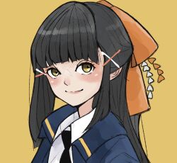 Rule 34 | 1girl, assault lily, black hair, black necktie, blue jacket, blunt bangs, blush, bow, closed mouth, collared shirt, commentary request, hair bow, hair ornament, half updo, highres, jacket, long hair, looking at viewer, necktie, odaiba girls high school uniform, open clothes, open jacket, orange bow, portrait, sally (allogkk), school uniform, shirt, sidelocks, simple background, smile, tsukioka momiji, white shirt, x hair ornament, yellow background, yellow eyes