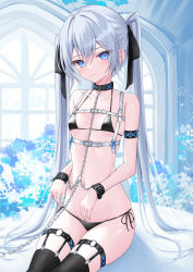 Rule 34 | 1girl, absurdres, bare shoulders, bdsm, belt, bikini, black bikini, black ribbon, black thighhighs, blue eyes, blurry, blurry background, bondage, bound, bound wrists, breasts, chain, chain leash, closed mouth, commentary, cowboy shot, expressionless, groin, hair ribbon, harness, highres, leash, lis 111, long hair, navel, original, ribbon, side-tie bikini bottom, sidelocks, sitting, small breasts, solo, stomach, straight hair, string bikini, swimsuit, symbol-only commentary, thigh strap, thighhighs, thighs, twintails, very long hair, white belt, white hair