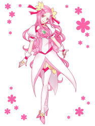 Rule 34 | 10s, 1girl, boots, brooch, chimu (chimoon), choker, cure flower, dress, earrings, flower, hair flower, hair ornament, hair ribbon, hanasaki kaoruko, happy, heart, heart brooch, heartcatch precure!, high heels, jewelry, long hair, looking at viewer, magical girl, pink eyes, pink hair, precure, puffy sleeves, ribbon, smile, solo, standing, thigh boots, thighhighs, very long hair, white background, wrist cuffs