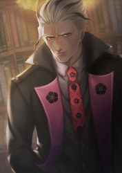 Rule 34 | akechi mitsuhide (fate), black hair, book, bookshelf, closed eyes, collar, fate/grand order, fate (series), frown, hand in pocket, high collar, iduhara jugo, japanese clothes, library, light, long sleeves, looking at viewer, male focus, multicolored hair, necktie, red eyes, red necktie, shadow, shirt, solo, streaked hair, two-tone hair, upper body, white hair