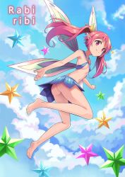 Rule 34 | 1girl, ass, barefoot, bikini, bikini top only, blue skirt, breasts, cloud, copyright name, fairy, fairy wings, feet, flying, full body, highres, legs, long hair, miniskirt, navel, no panties, outdoors, pink eyes, pink hair, pointy ears, rabi-ribi, ribbon (rabi-ribi), skirt, sky, small breasts, smile, soles, solo, swimsuit, thighs, toes, twintails, wings, xuan chu