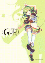 Rule 34 | 1girl, breasts, character name, cleavage, clover, crop top, digital media player, eyewear on head, fang, four-leaf clover, glasses, green eyes, green hair, gumi, h2so4, hair ornament, hairclip, headphones, headphones around neck, highres, m/, matching hair/eyes, midriff, navel, open mouth, shoes, short hair, short hair with long locks, skirt, smile, sneakers, solo, thighhighs, vocaloid, white thighhighs