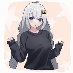 Rule 34 | 1girl, :o, absurdres, ahoge, black shirt, black sweater, blue eyes, braid, breasts, cropped torso, grey hair, hair between eyes, hair ornament, hands up, highres, kizuna akari, large breasts, light blush, long hair, long sleeves, looking at viewer, nise no tsubo, open mouth, oversized clothes, oversized shirt, shirt, sidelocks, simple background, sleeves past wrists, solo, star (symbol), starry background, sweater, twin braids, very long hair, voiceroid