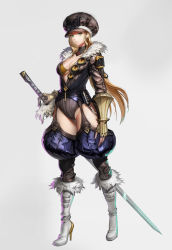 Rule 34 | 1girl, bad id, bad pixiv id, bikini, black gloves, blonde hair, boots, breasts, brown headwear, cleavage, closed mouth, fantasy, fingerless gloves, fingernails, fur-trimmed boots, fur-trimmed headwear, fur trim, gloves, gradient background, green eyes, grey background, hand on weapon, high heels, katana, large breasts, leotard, long hair, lp rp, military, original, puffy pants, scabbard, sheath, sheathed, solo, swimsuit, sword, turtleneck, uniform, vambraces, weapon, white footwear, yellow bikini