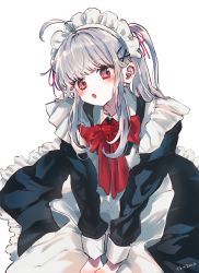 Rule 34 | 1girl, :o, ahoge, apron, artist name, black dress, blush, bow, collared dress, commentary request, dress, frilled dress, frills, grey hair, hair ornament, hairclip, head tilt, highres, long sleeves, looking at viewer, maid, maid apron, maid headdress, one side up, original, parted lips, red bow, red eyes, sha2mo, signature, simple background, solo, white apron, white background, x hair ornament