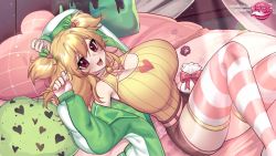 Rule 34 | 1girl, blonde hair, breasts, brown eyes, candy, cleavage, commentary, curvy, double bun, english commentary, food, gloves, green jacket, hair bun, heart, heart print, high-waist shorts, highres, indie virtual youtuber, jacket, large breasts, long hair, lying, mio (vtuber), off shoulder, on back, on bed, open mouth, osiimi, pillow, ribbed sweater, shorts, sleeveless, smile, striped clothes, striped thighhighs, sweater, thighhighs, thighs, virtual youtuber, yellow sweater