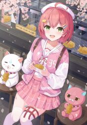 Rule 34 | 1girl, 35p (sakura miko), :d, adju ster, ahoge, bandaid, bandaid on thigh, beret, blurry, blurry foreground, blush, blush stickers, branch, buttons, cat, cat hair ornament, cherry blossoms, closed eyes, collarbone, commentary request, counter, depth of field, display case, eyelashes, falling petals, feet out of frame, food, food on face, green eyes, hair between eyes, hair ornament, hairclip, hands up, hat, highres, holding, holding food, hololive, jacket, kintoki (sakura miko), letterman jacket, long sleeves, looking at viewer, midriff peek, neck ribbon, open clothes, open jacket, open mouth, petals, pink hair, pink jacket, pink skirt, plaid, plaid skirt, pleated skirt, red ribbon, ribbon, sailor collar, sakura miko, sakura miko (school uniform), school uniform, serafuku, shirt, short hair, sitting, skirt, sleeves past wrists, smile, stool, taiyaki, teeth, thigh strap, thighhighs, translation request, upper teeth only, virtual youtuber, wagashi, white headwear, white sailor collar, white shirt, white sleeves, white thighhighs