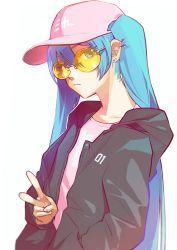 Rule 34 | 1girl, absurdres, alternate costume, baseball cap, blue eyes, blue hair, closed mouth, collarbone, ear piercing, hand in pocket, hat, hatsune miku, helix piercing, highres, hood, hood down, hooded jacket, jacket, long hair, long sleeves, looking at viewer, nail polish, open clothes, open jacket, piercing, pine (yellowpine112), pink hat, pink nails, simple background, solo, sunglasses, tinted eyewear, twintails, v, very long hair, vocaloid, white background, yellow-tinted eyewear