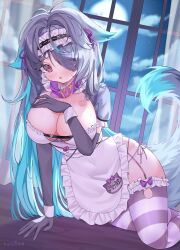 1girl @_@ absurdres animal_collar animal_ears apron artist_name bite_mark bite_mark_on_breast black_hairband blue_hair breasts cat_ears cat_girl cleavage cloud collar colored_inner_hair covered_navel elbow_gloves eyes_visible_through_hair frilled_hairband frills full_moon gloves grey_gloves grey_hair hair_over_one_eye hairband hand_on_own_chest highres indie_virtual_youtuber kuroimill large_breasts long_hair menace_mamaki mole mole_on_breast moon multicolored_hair name_tag night night_sky panties purple_collar purple_eyes purple_ribbon ribbon side-tie_panties sky solo striped_clothes striped_thighhighs tail thighhighs underwear virtual_youtuber white_apron