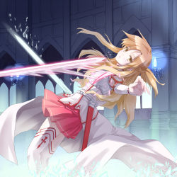 Rule 34 | 10s, 1girl, arched back, armor, asuna (sao), battle, breastplate, brown hair, cuts, hadi, highres, holding, holding sword, holding weapon, injury, long hair, looking at viewer, pleated skirt, red skirt, skirt, solo, sword, sword art online, thighhighs, weapon, white thighhighs, yellow eyes
