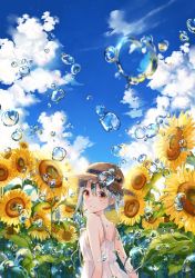 Rule 34 | 1girl, bare shoulders, bubble, cloud, day, dress, flower, from behind, grey hair, hat, light smile, looking at viewer, looking back, orange eyes, original, outdoors, sky, solo, straw hat, sundress, sunflower, updo, upper body, yuzuki kihiro