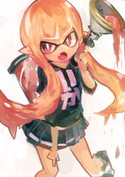 Rule 34 | 1girl, absurdres, black shirt, black skirt, clothes writing, fang, highres, holding, holding weapon, ink tank (splatoon), inkling, inkling girl, inkling player character, kaamin (mariarose753), long hair, mask, nintendo, open mouth, orange hair, pleated skirt, pointy ears, red eyes, shirt, simple background, skirt, solo, tentacle hair, weapon, white background