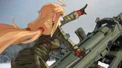 Rule 34 | 1girl, ahoge, artillery, bad id, bad pixiv id, blonde hair, blue eyes, camouflage, cannon, gloves, highres, long hair, long sleeves, long twintails, military, military uniform, mortar (weapon), mortar carrier, nanaya777, original, self-propelled artillery, self-propelled mortar, siege weapon, snow, uniform