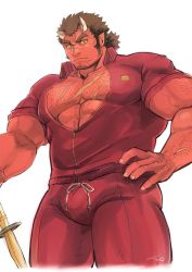 Rule 34 | 1boy, abs, alternate costume, arm hair, bara, broken horn, bulge, chest hair, colored sclera, colored skin, cowboy shot, facial hair, fang, hairy, harada (basashi), horns, jacket, large pectorals, long sideburns, looking at viewer, male focus, mature male, muscular, muscular male, oni horns, open clothes, open jacket, orgus (f-kare), orgus (f-kare), pectoral cleavage, pectorals, pointy ears, red jacket, red oni (housamo), red skin, scar, scar on chest, short hair, shoukan yuusha to f-kei kareshi, sideburns, solo, stubble, thick eyebrows, thick thighs, thighs, tokyo houkago summoners, track jacket, yellow sclera