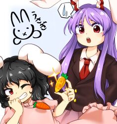 Rule 34 | 2girls, :o, ;d, animal ears, black hair, carrot necklace, chinese zodiac, commentary request, dress, floppy ears, grin, highres, inaba tewi, jewelry, komeiji kanade, multiple girls, necklace, nengajou, new year, one eye closed, open mouth, petite, pink dress, rabbit ears, reisen udongein inaba, short hair, simple background, smile, spoken sweat, touhou, white background, year of the rabbit