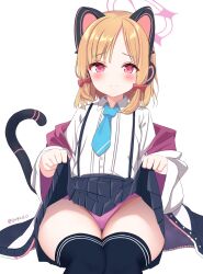 Rule 34 | 1girl, absurdres, animal ears, aqua necktie, artist name, black jacket, black skirt, black thighhighs, blue archive, blush, bow, cat ears, cat tail, clothes lift, collared shirt, colored eyelashes, earphones, fake animal ears, fake tail, flat chest, furrowed brow, gugu0v0, hair bow, halo, high-waist skirt, highres, invisible chair, jacket, lifting own clothes, looking at viewer, medium hair, momoi (blue archive), multicolored clothes, multicolored jacket, necktie, off shoulder, open clothes, open jacket, orange hair, panties, pantyshot, pink eyes, pink halo, pink panties, pleated skirt, red bow, shirt, shirt tucked in, short necktie, simple background, sitting, skirt, skirt lift, suspender skirt, suspenders, tail, thick thighs, thighhighs, thighs, two-sided fabric, two-sided jacket, two-tone jacket, underwear, white background, white jacket, white shirt