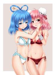 Rule 34 | 2girls, alternate costume, bandages, bikini, blue eyes, blue hair, breasts, bun cover, chain, cleavage, cuffs, double bun, drill hair, groin, hair ornament, hair rings, hair stick, hand on another&#039;s cheek, hand on another&#039;s face, highres, ibaraki kasen, kaku seiga, looking at viewer, multiple girls, navel, pink eyes, pink hair, short hair, smile, swimsuit, touhou, u2 (5798239)