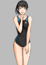 Rule 34 | 1girl, absurdres, amagami, black eyes, black hair, blush, breasts, breasts squeezed together, collarbone, commentary request, competition swimsuit, covered navel, finger to mouth, grey background, hand on own thigh, hand up, highres, index finger raised, looking at viewer, medium breasts, mori heichi, one-piece swimsuit, parted lips, ponytail, short hair, shushing, sidelocks, simple background, solo, standing, swimsuit, thigh gap, tsukahara hibiki