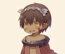 1boy brown_hair choke_(amamarin) commentary_request hair_between_eyes highres made_in_abyss male_focus open_mouth reg_(made_in_abyss) short_hair simple_background tears thick_eyebrows yellow_eyes