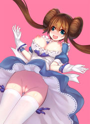 Rule 34 | 10s, 1girl, bad id, bad pixiv id, blue eyes, blush, breasts, brown hair, creatures (company), double bun, game freak, gloves, hair bun, highres, large breasts, long hair, looking at viewer, nintendo, nipples, no panties, pink background, pokemon, pokemon bw2, pussy, ririko (zhuoyandesailaer), rosa (pokemon), simple background, solo, tears, thighhighs, twintails, uncensored, white thighhighs